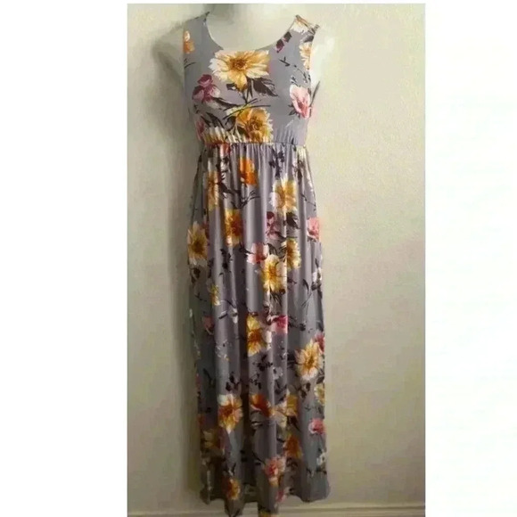 🆕 Beeuniq Maternity Gray Floral Ruched Sleeveless Maxi Dress M🆕 - Picture 2 of 6